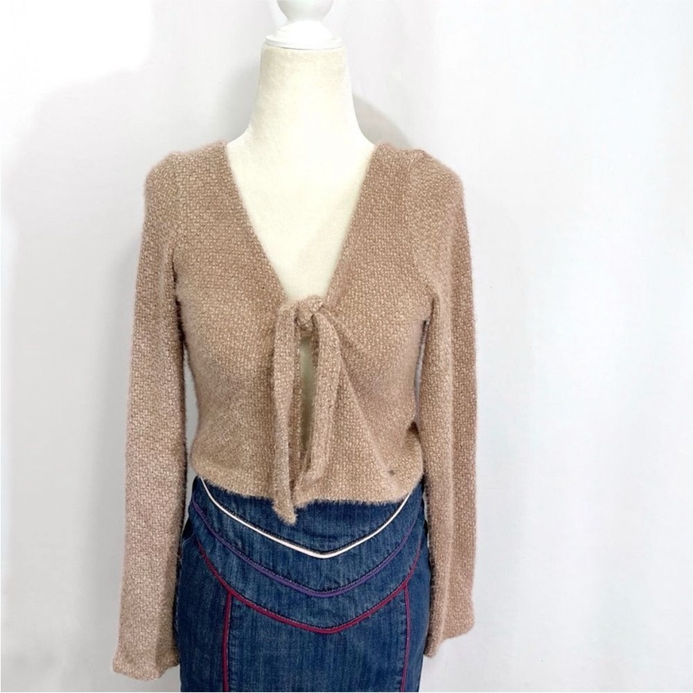 Holister Abercrombie Tan Tie Front Fuzzy Knit Cardigan Sweater Top Medium